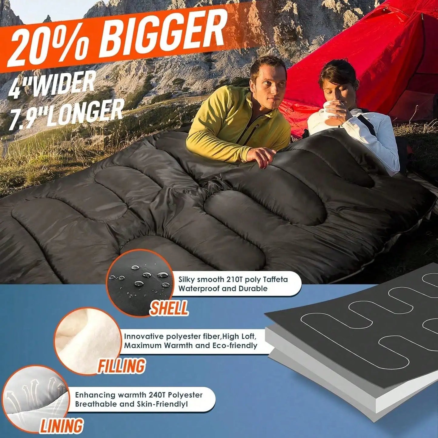 Double Sleeping Bag For Adults, 2 Person Sleeping Bags For Cold Weather & Warm, All Season Camping Hiking Backpacking, With Pillow
