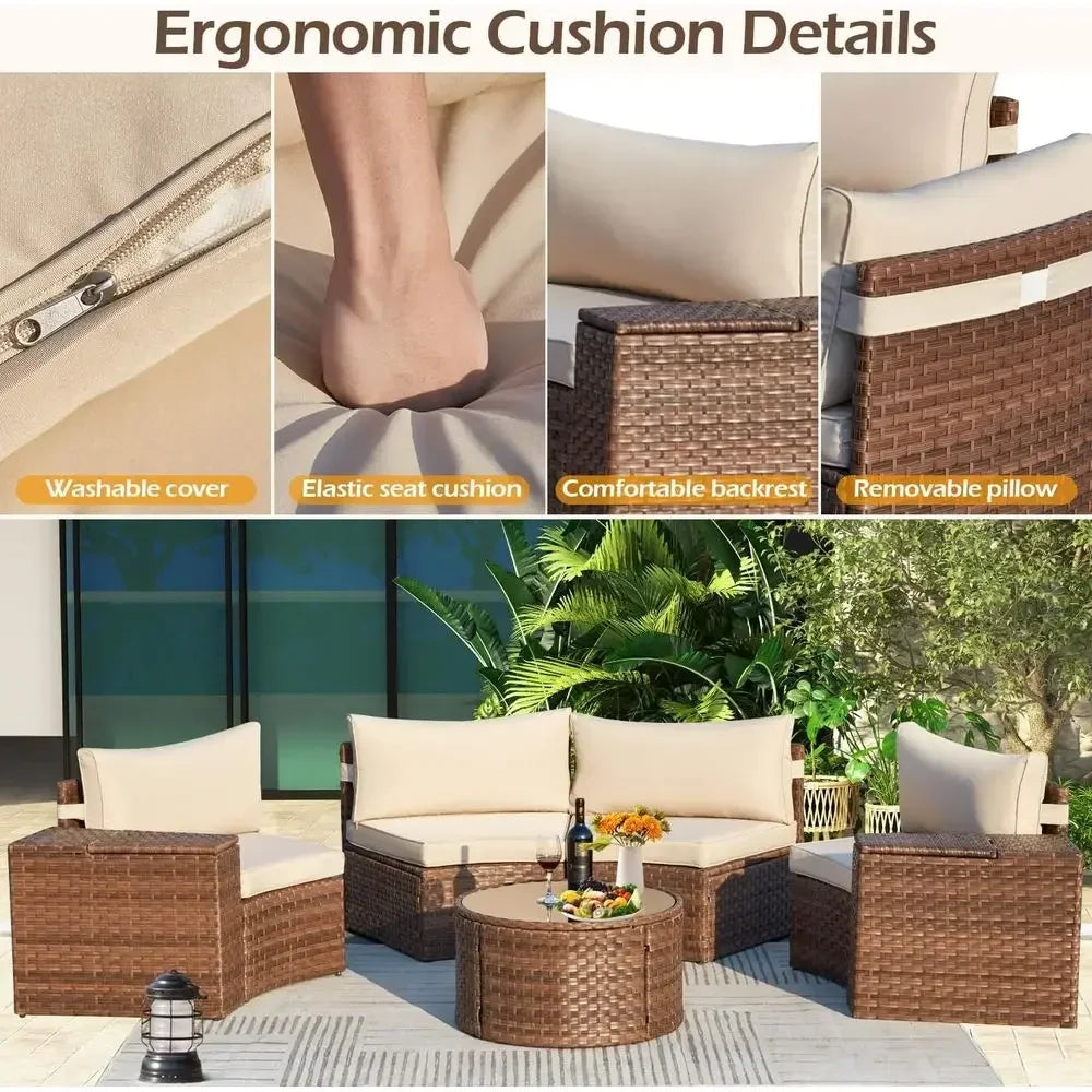 Half Moon Curved 8-Piece Patio Furniture Set With Fire Pit