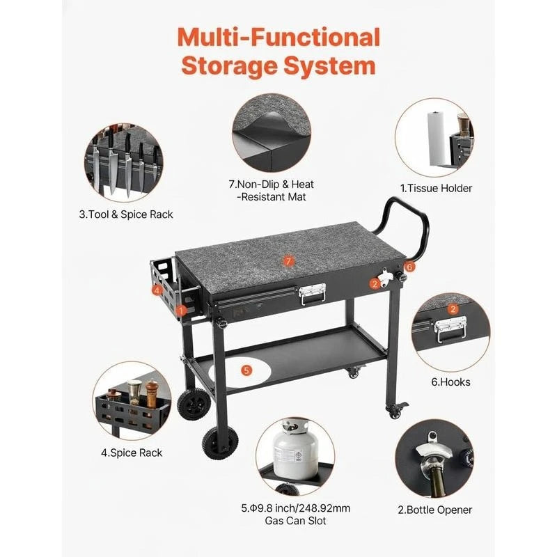 Outdoor Grill Cart, 31.0 X 17.0 Inch Tabletop Size Grilling Table, Foldable Outdoor Cooking Table with Tissue Holder, Wheels, Magnetic Tool Rack, BBQ Prep Tables for Picnic, Kitchen, Courtyard