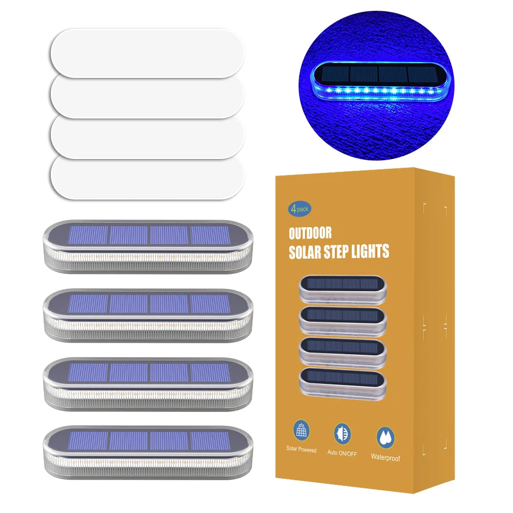 5 Years Lifespan 4 Pack Solar LED Deck Lights Blue Auto On/OFF Outdoor Waterproof IP68 Anti-pressure 5 tons Solar Garden Step Lights for Stairs Fence Yard Patio Pathway