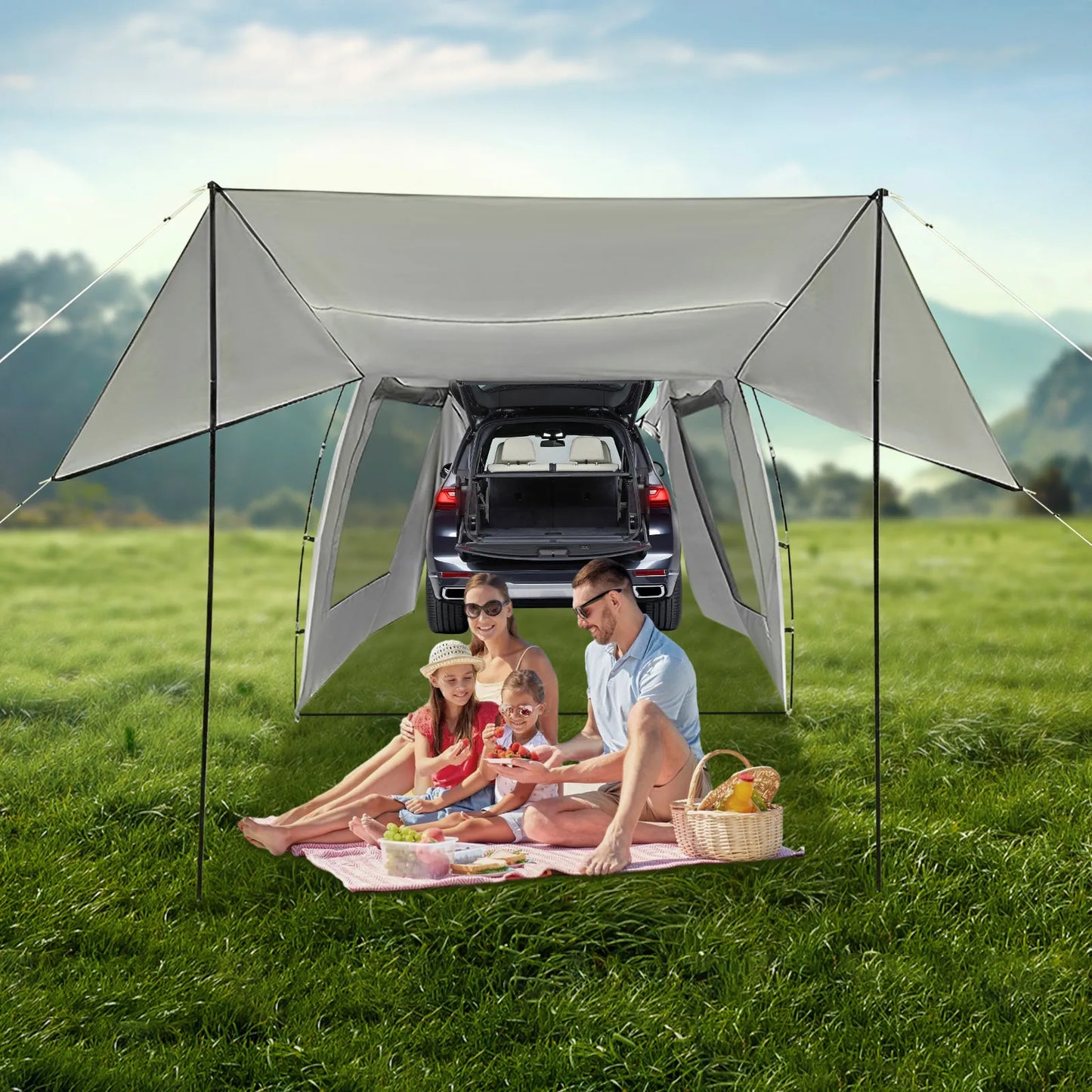 Outdoor Car Awning Tent Pu3000 Waterproof Camping 210T Silver-Coated Polyester UV40 Sunscreen 5-8 People Capacity