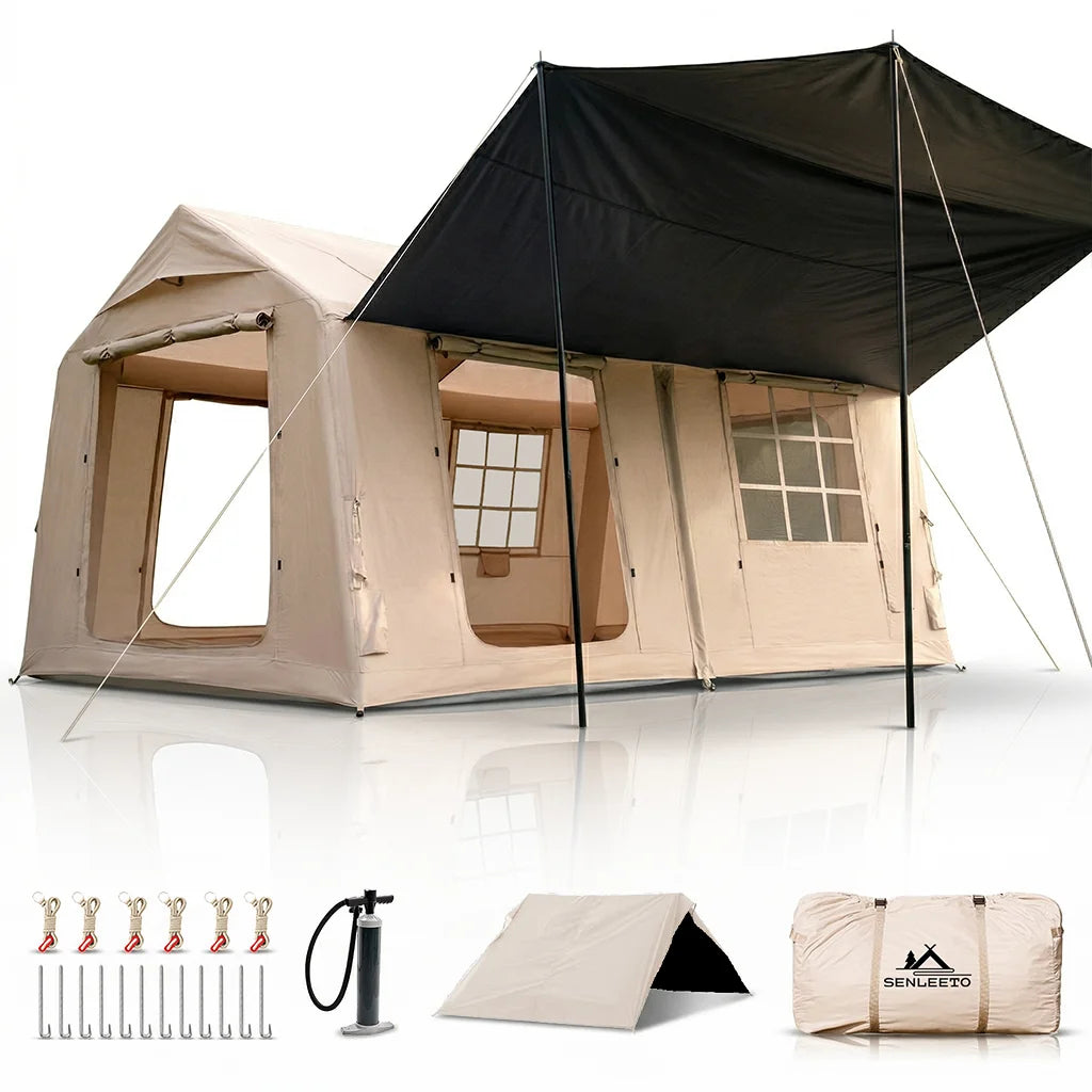 SENLEETO Inflatable Camping Tent Canopy And Stove Jack Mesh Windows