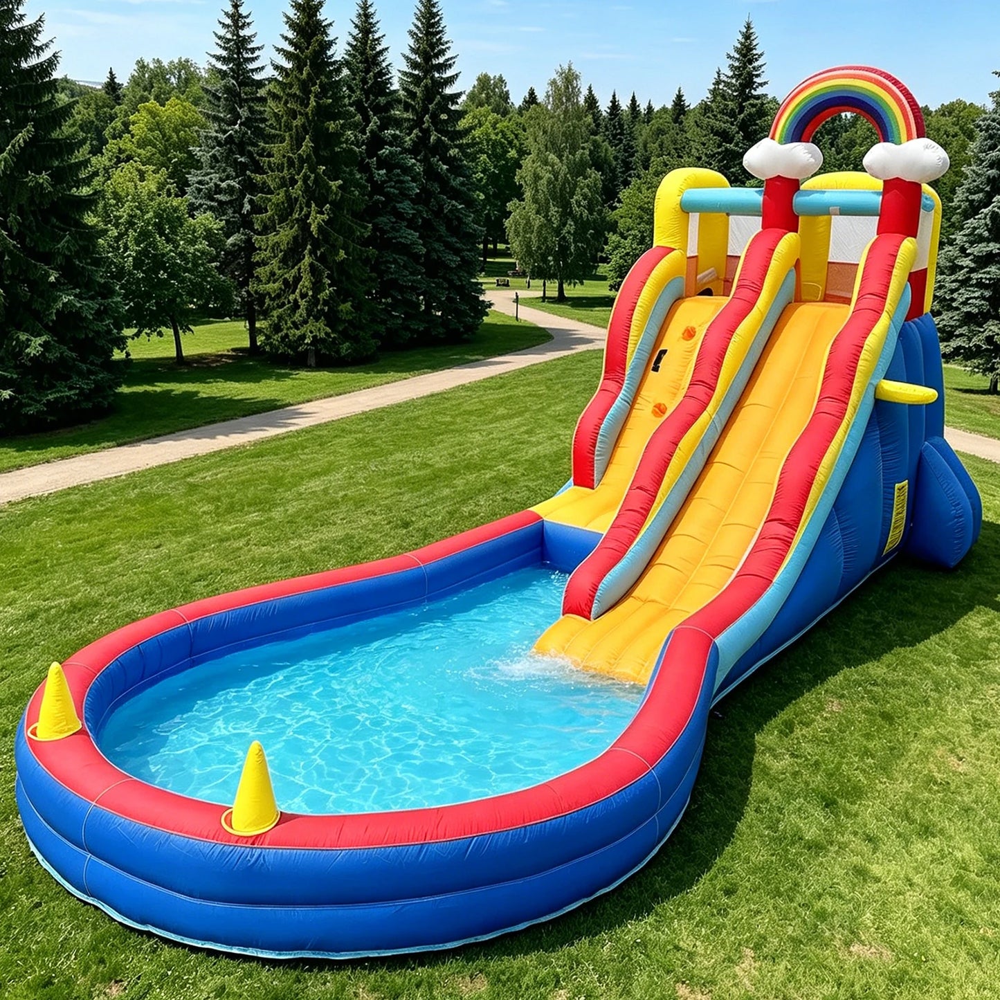 23FT Inflatable Double Lane Water Slide with Splash Pool & Water Sprayer, Heavy Duty Blow Up Backyard Water Park, Quick Inflation for Summer Outdoor Party