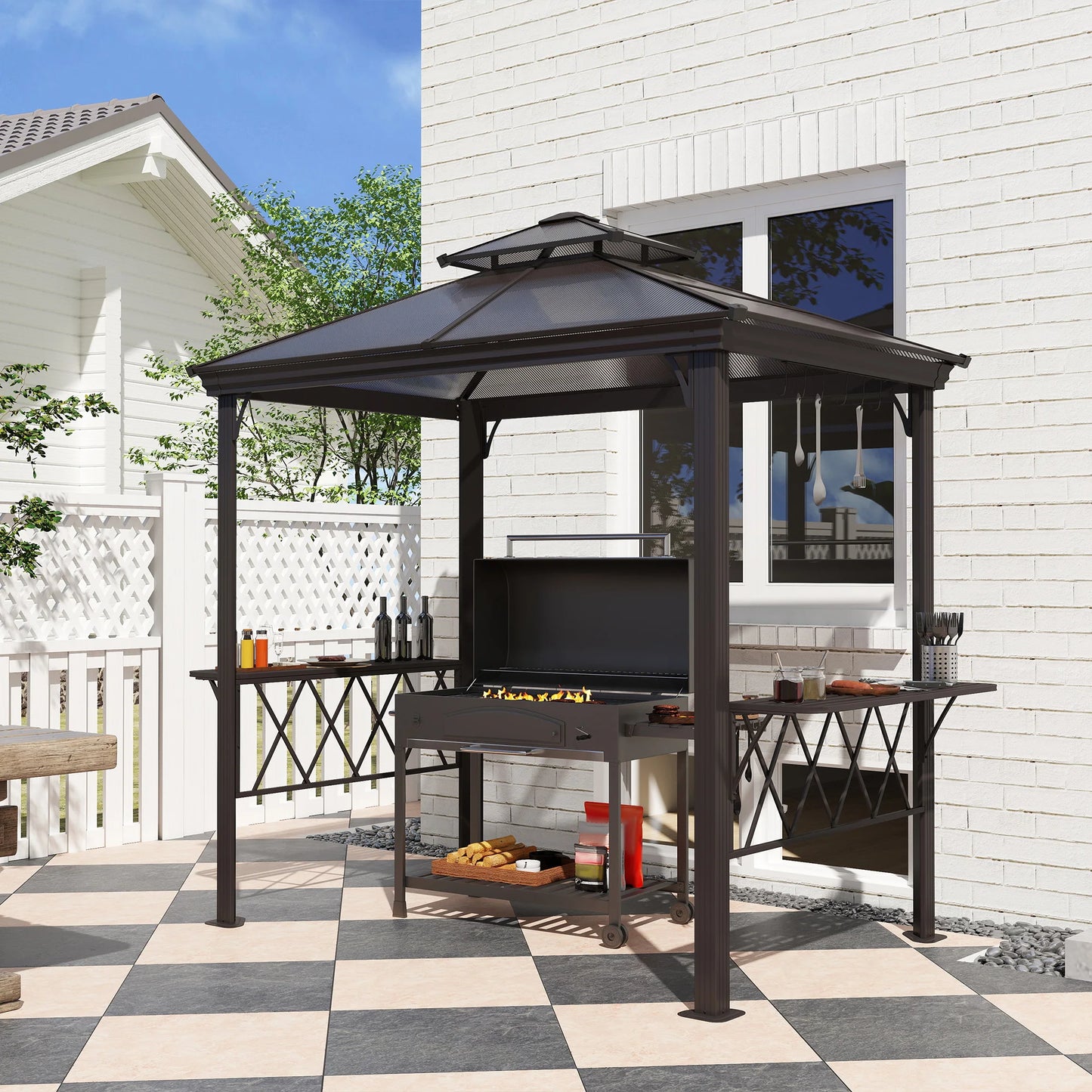 8.3ft Outdoor Double-tier BBQ Grill Canopy Gazebo w/ 2 Shelf, 6 Hooker