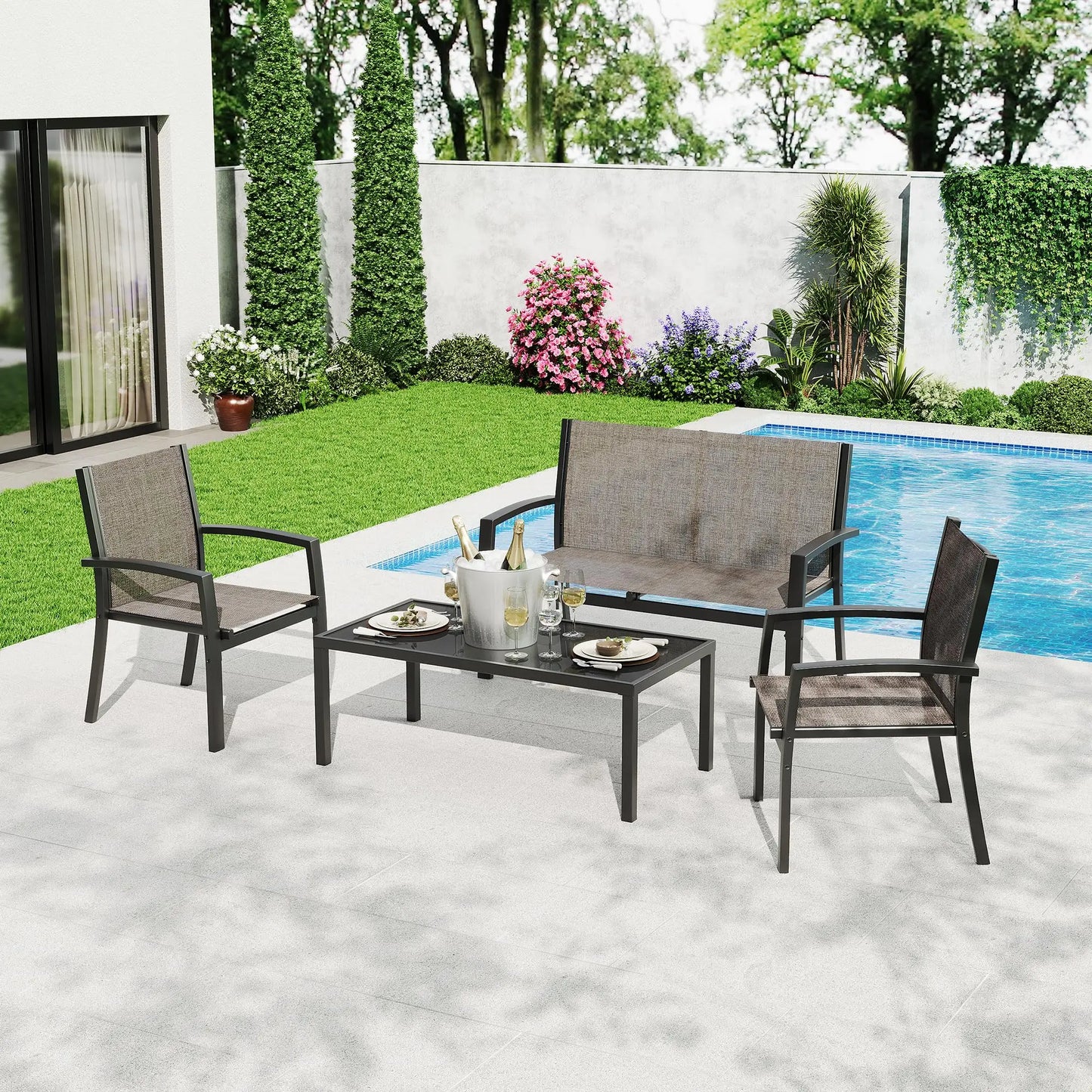 HobbyLane 4 Piece Metal Patio Furniture Set With Table