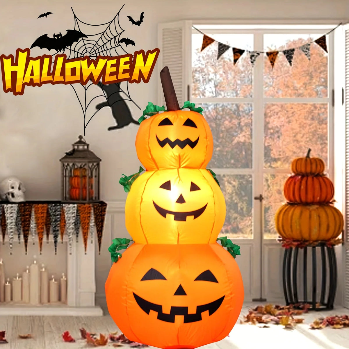 3.9FT LED Halloween Inflatable Pumpkin Decoration Stacked Pumpkins Blow Up with Built-in Lights Outdoor Airblown Yard Decor for Garden Lawn Porch Party Glowing Pumpkin Photobooth Prop New Arrivals