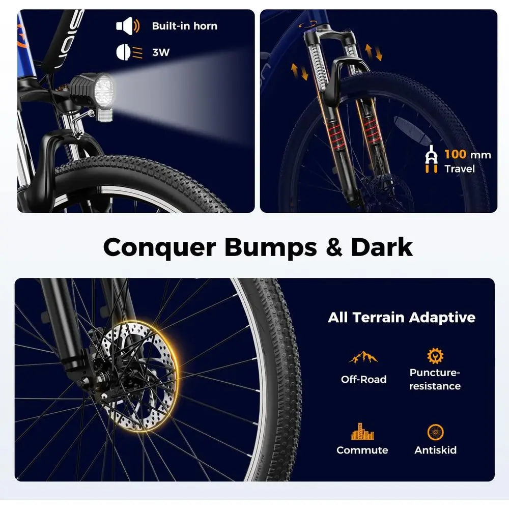 1000W Peak Brushless Motor Electric Mountain Bike, 40 Miles Range, 20MPH, 500Wh Removable Battery, 7-Speed, 26 Tires, Front Susp