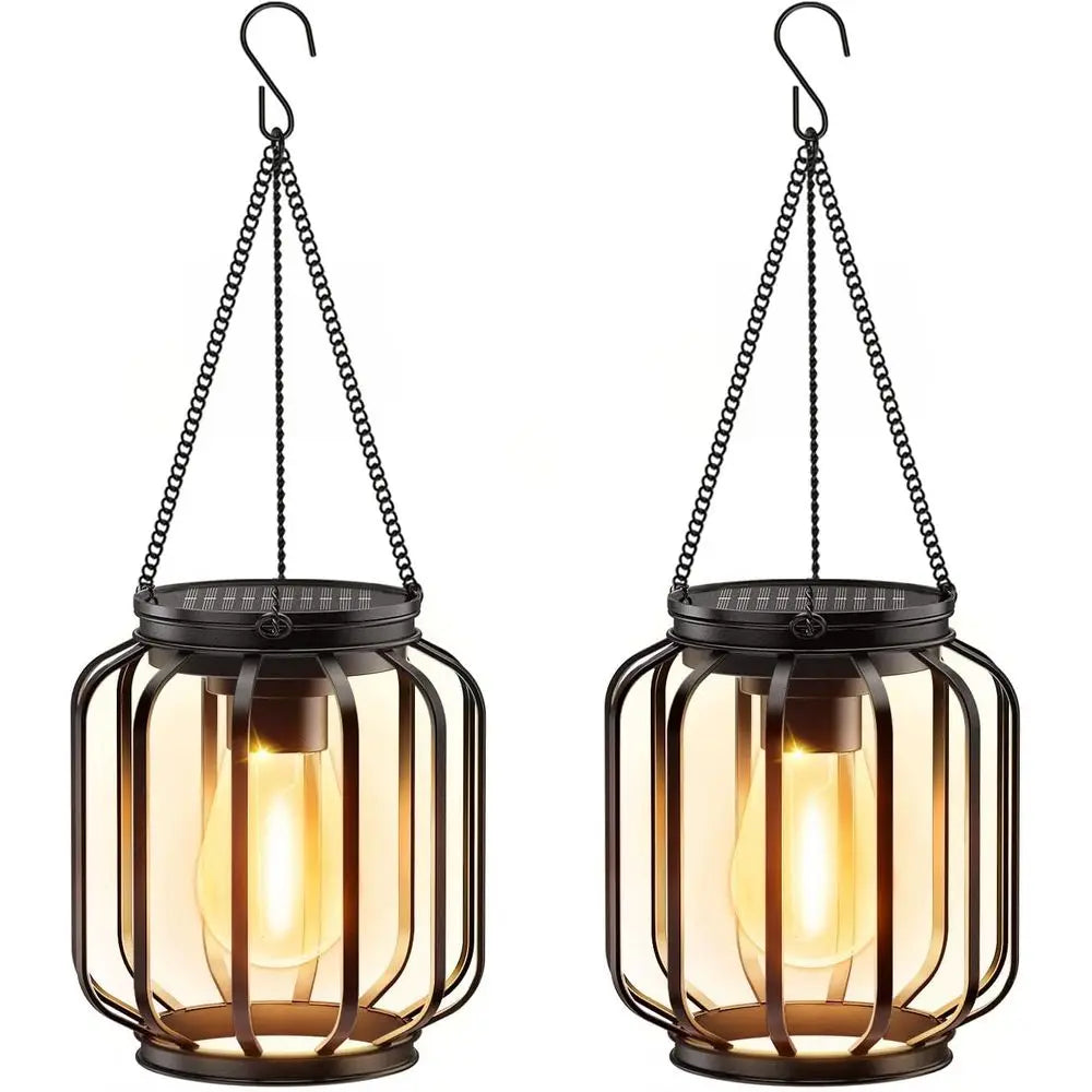 Hanging Lanterns Outdoor: 2 Pack Metal Hanging Lights with Hook, Bright Warm Waterproof LED Lanterns for Outside, Classic Decora