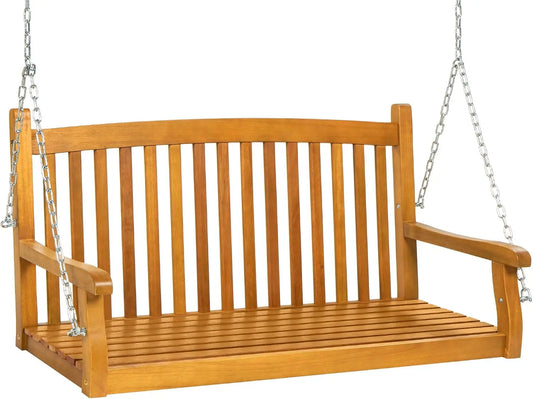 48 Inch Wood Porch Swing Outdoor Patio Hanging Bench Chair Furniture For Deck Garden Yard With Mounting Chains, Ergonomic Curved Back Design Two Seater Loveseat Glider, Brown