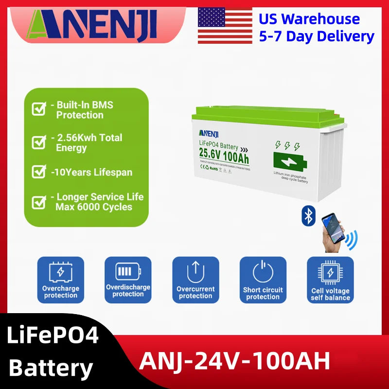 ANENJI 24V 12V 100Ah LiFePO4 Solar Battery Lithium Battery Pack Built-in BMS Grade A Cells 6000+ Cycle For Home energy storage