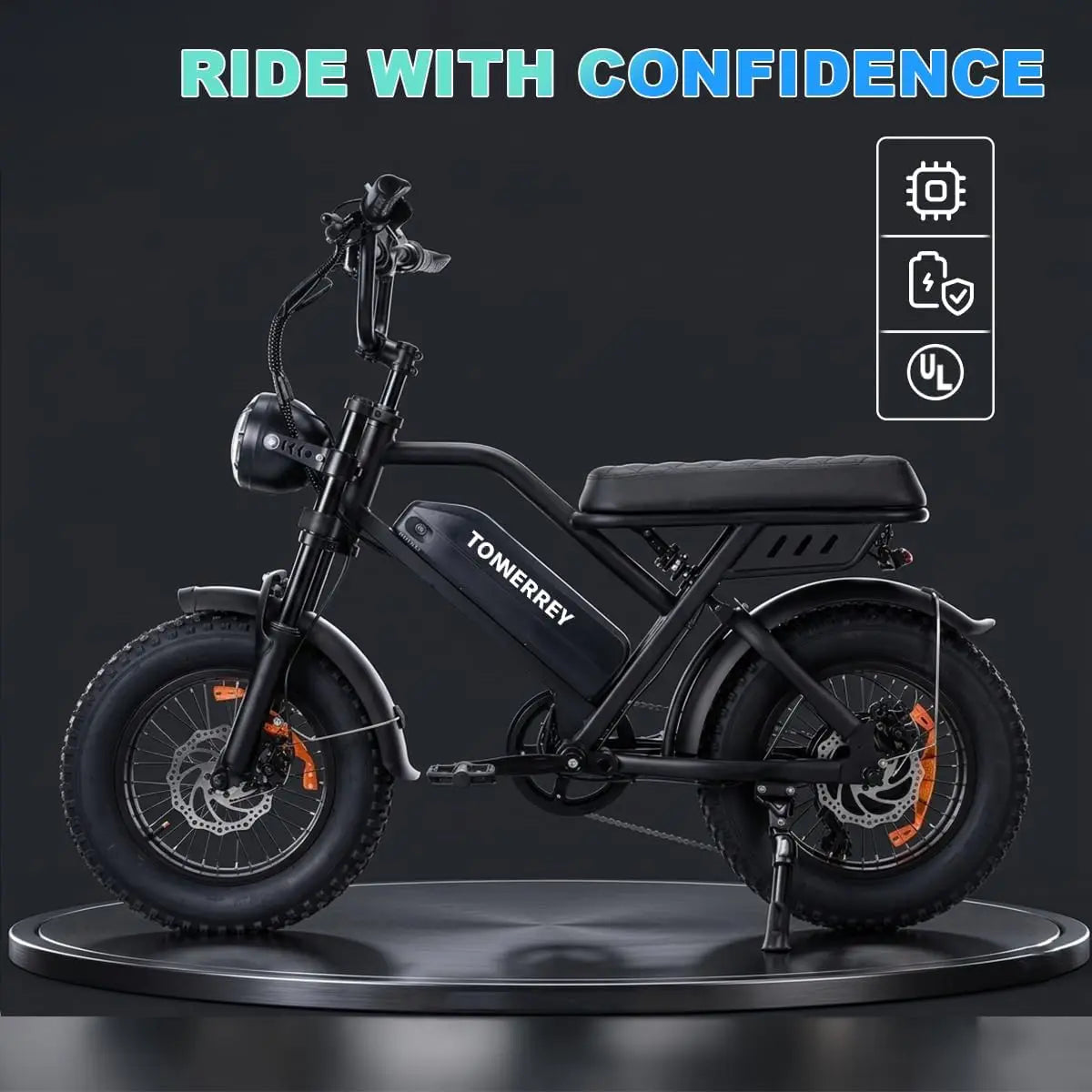 Tonnerrey T16 1000W 48V 15.6AH Electric Bicycle  16" Fat Tire E-Bike 22 MPH Max Speed 80 Miles Range Ebike for Teens Adults