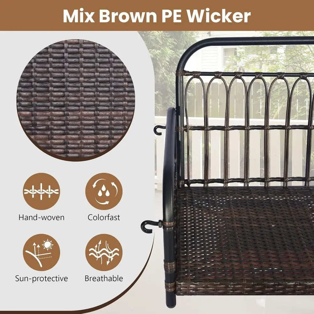 2-Person Outdoor Wicker Swing Bench with Cushions, 880lbs Capacity, Brown & White, Ideal for Patio, Garden, or Poolside