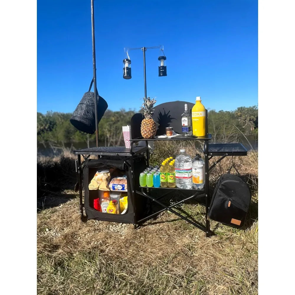 Portable Camping Kitchen Station with Light Stand & Windshield, Foldable Grill Table, Outdoor Cook Organizer, Carry Bag Included (Black)