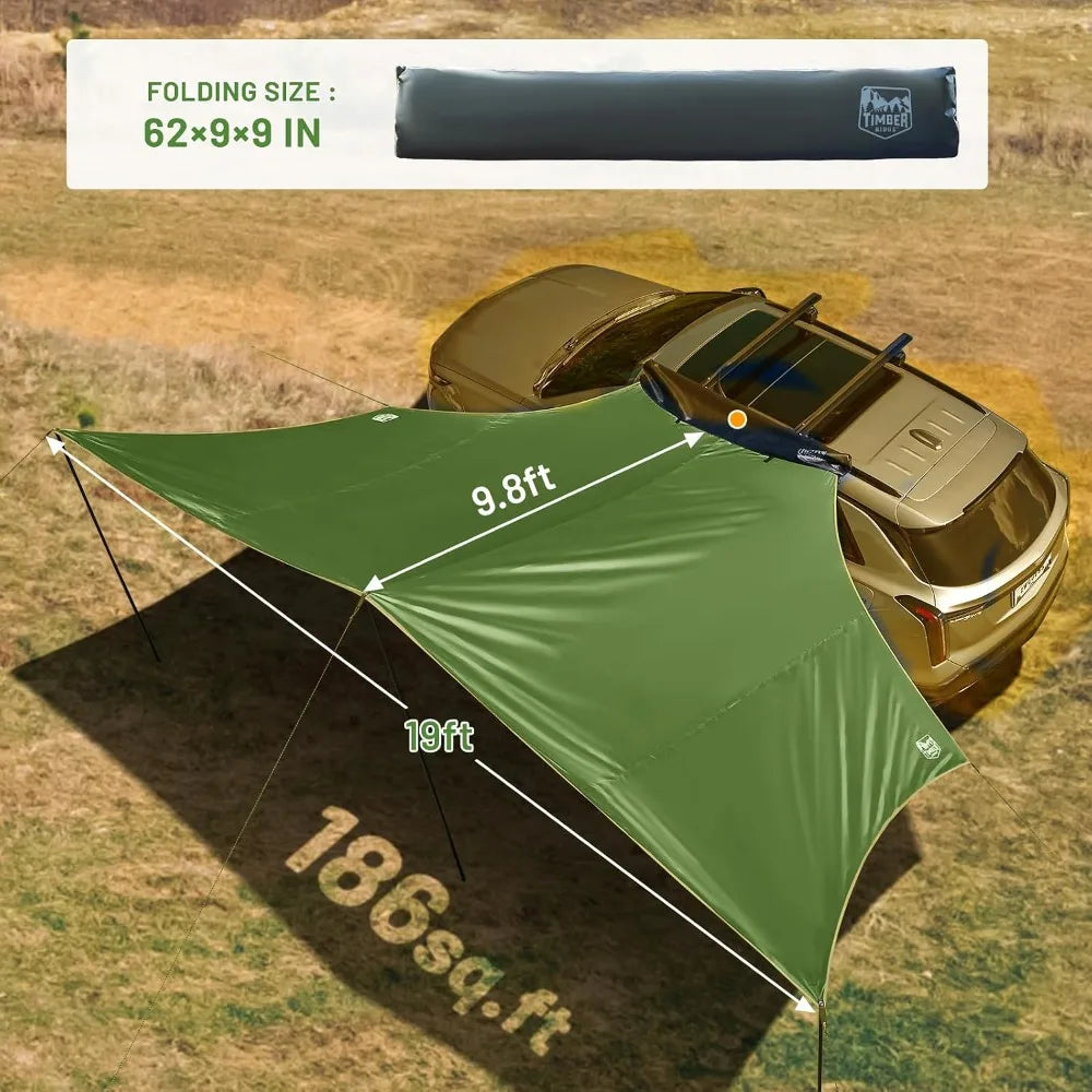 19x9.8ft Retractable Car Awning 186ft² Roof Rack Sun Shade UPF50+ Waterproof Shelter for Vehicle/Truck/Jeep/SUV/Van