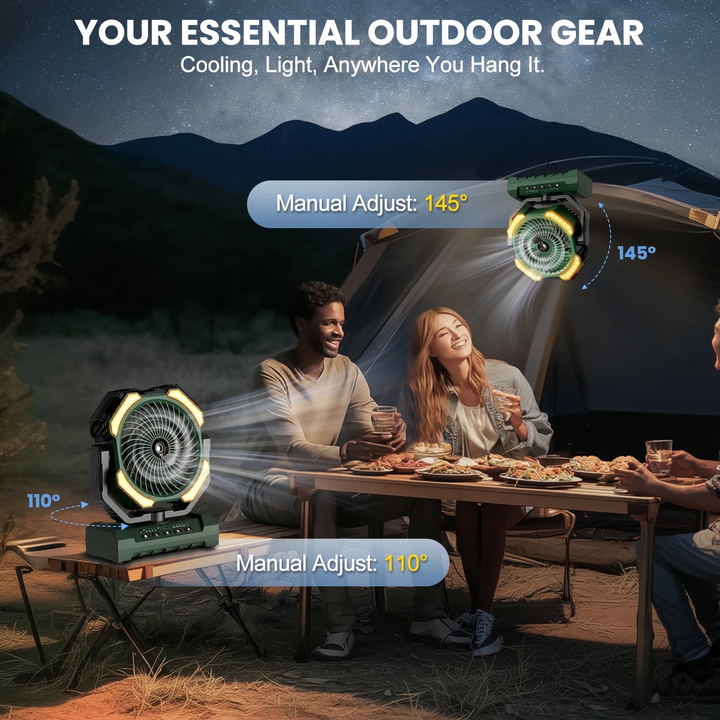 20000mAh Operated Mist Cooling Fan Portable Rechargeable Desk/Camping Fan with LED Light and Hook Outdoor Fan for Tent Car Trip