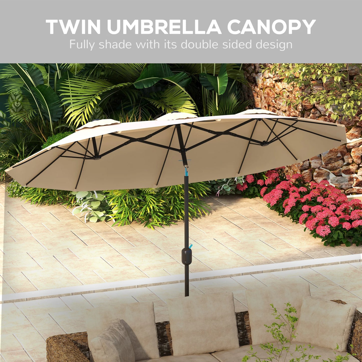 9.7' Double-Sided Patio Umbrella with 3 Air Vents, Tilt and Crank, Outdoor Umbrella, Brown