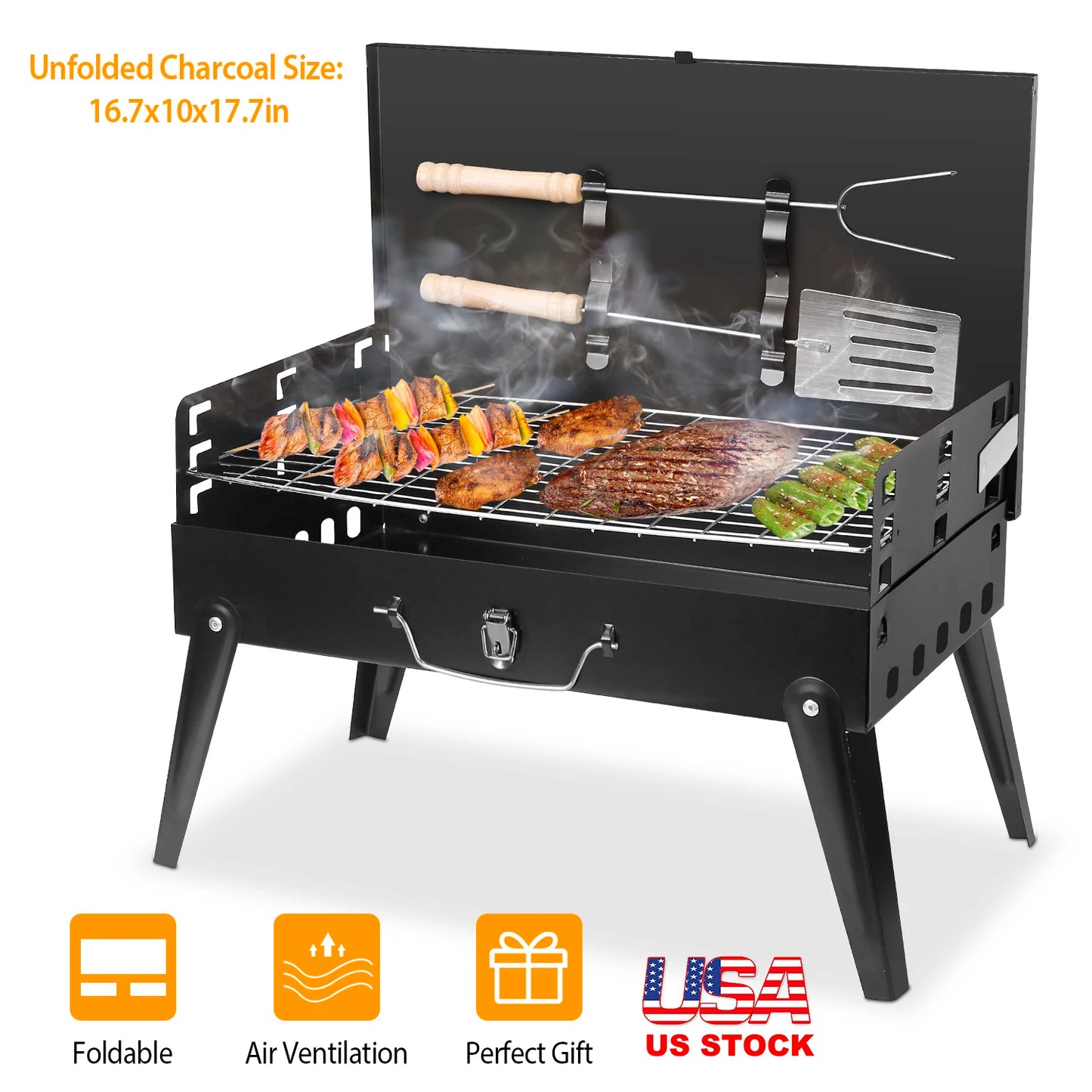 Portable Charcoal BBQ Grill Folding Desktop 3-Level Adjustable Height