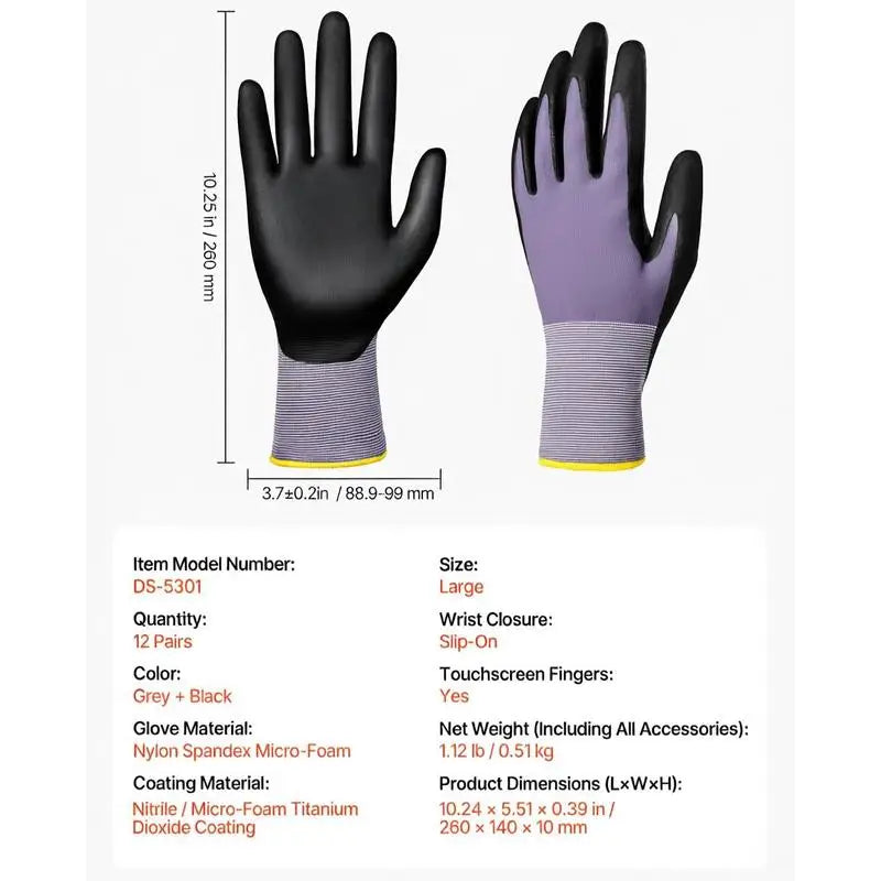 Work Gloves 12 Pairs Touch Screen Nitrile-Coated Garden Construction Gloves