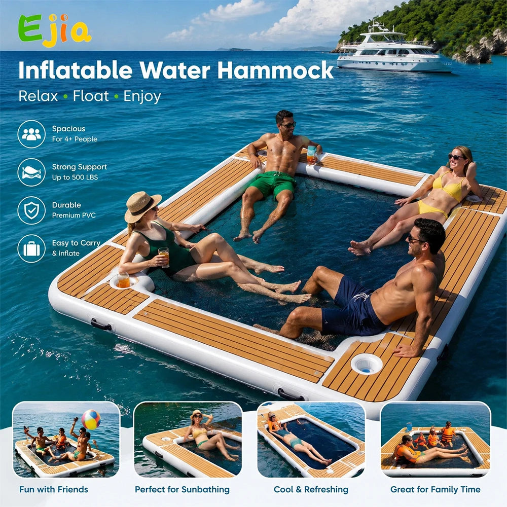 Inflatable Water Hammock 8ft (2.5m) Floating Dock with Cup Holders, Durable PVC Floating Mat Pontoon for Pool, Lake, Beach, Boat & Yacht Relaxation Platform