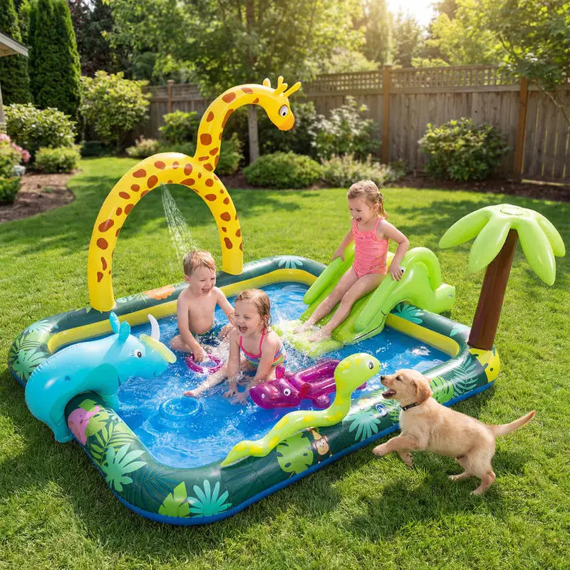 Inflatable Play Center Jungle Animal Spray Pool with Slide Giraffe-shaped Sprinkle