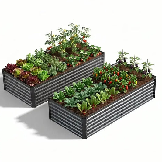 Galvanized Raised Garden Beds Outdoor Kit 2 Pack, Deep Root Metal Planter Boxes Patio with Glove, Ground NailampSupport Rod, Ou