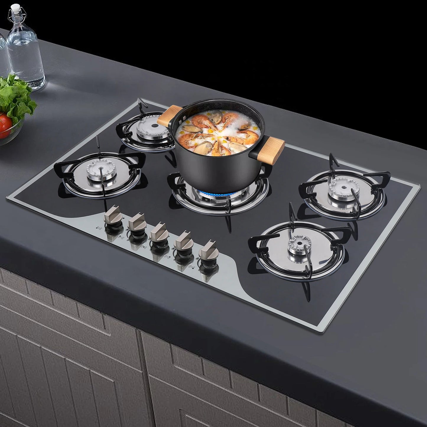 5 Burner Built-in Gas Cooktop Glass Top 3KW Dual Ring High Power Energy Saving 63% Efficiency LPG Natural Gas Stove