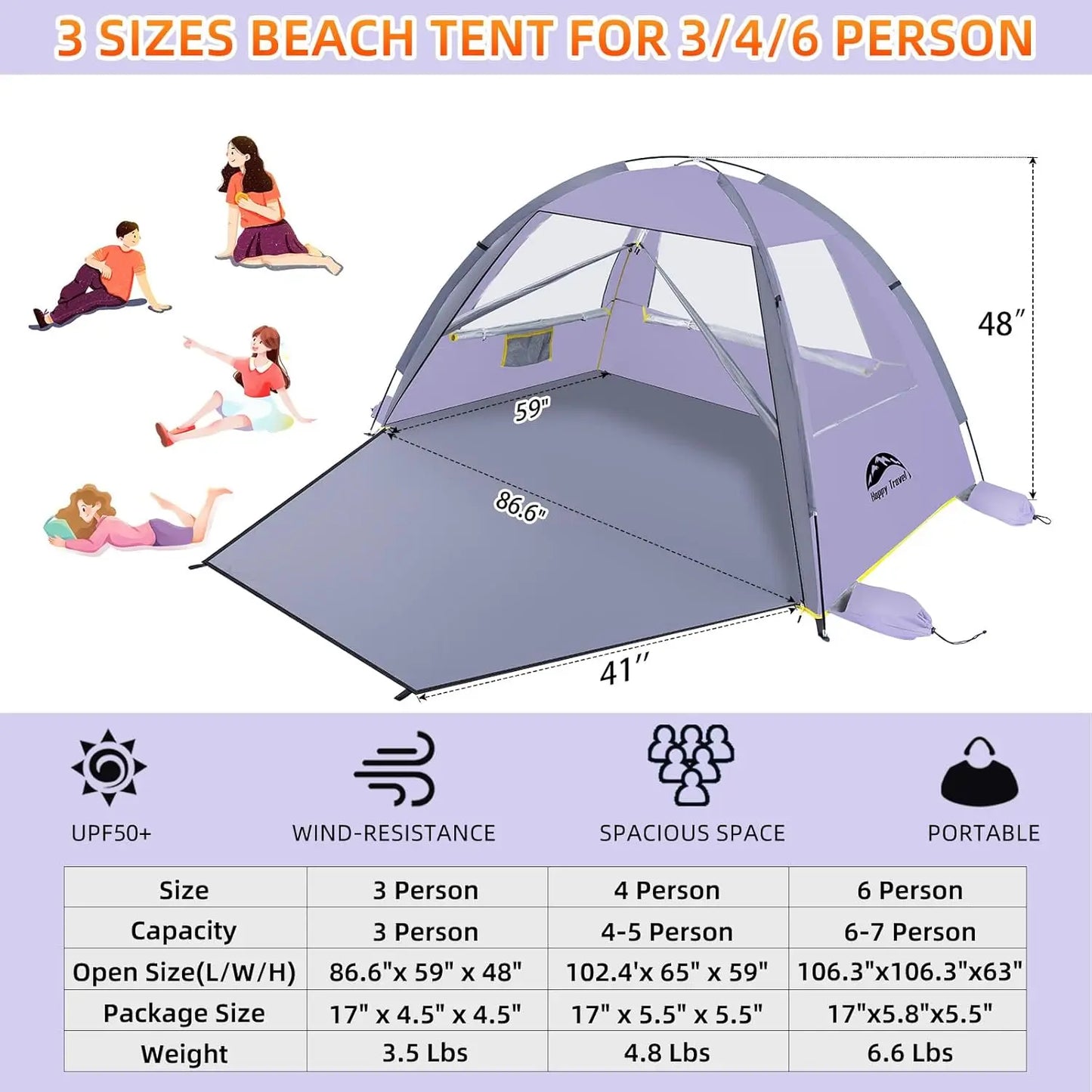 Beach Tent, UPF 50+ UV Protection Sun Shade Shelter for 3/4/5/6/7/8 Person, Portable Beach for Family & Baby, Lightweight & Easy