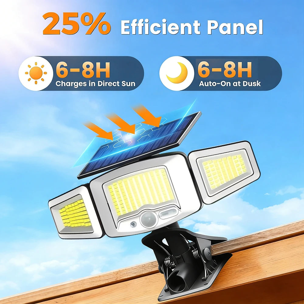 Solar LED Street Light Outdoor Clip-on Motion Sensing Light 3 Adjustable Lamp Heads Camping Light, for Fences Decks Garages Wall