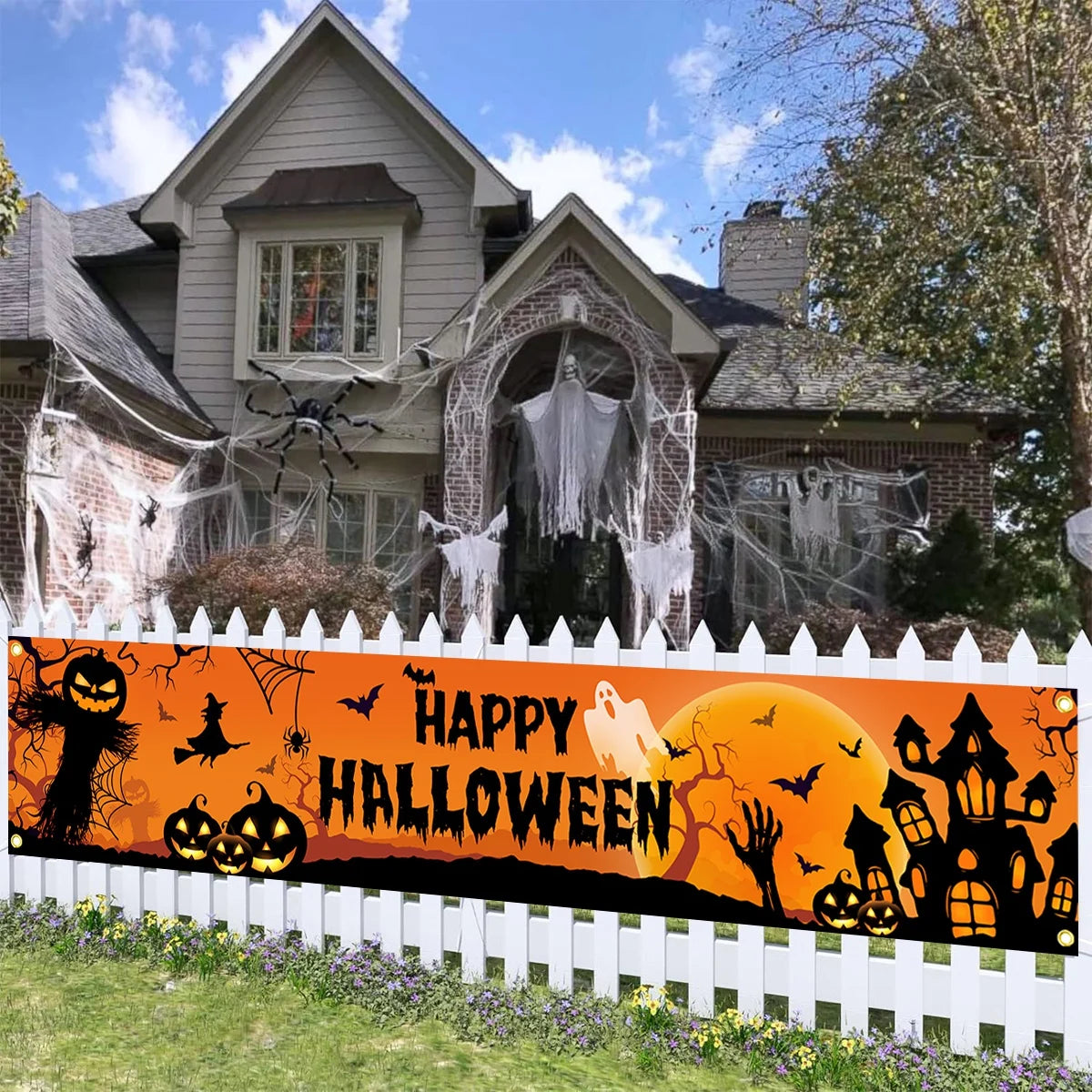 Halloween Outdoor Banner With Pumpkin And Bat Party Backdrop