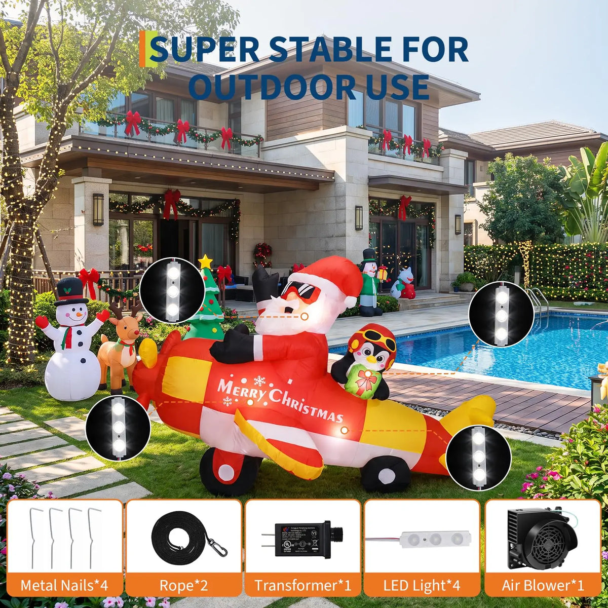 Himmiss Christmas Inflatable Santa Airplane With Penguin Outdoor Decor