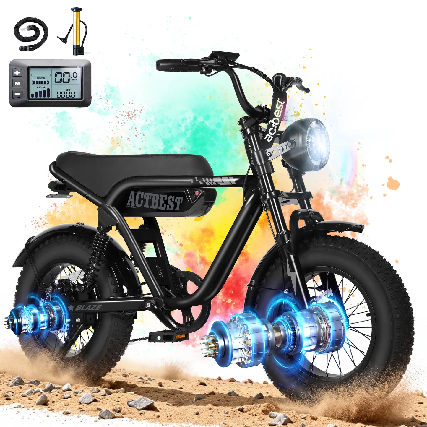 ActBest Blaze Plus Electric Bike, 16" Fat Tires Electric Mountain Bike, 1500W Peak Motor 48V 15.6Ah, 30 MPH 75Mi Range Off-Road Ebike with Full Suspension