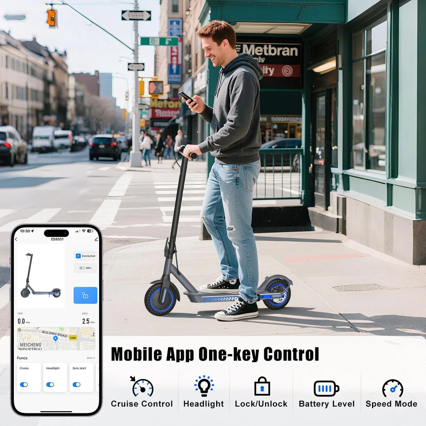 OBX Electric Scooter with Smart App 36V Battery 19Mph 350 Motor 8.5Inch Solid Tire Foldable Escooter