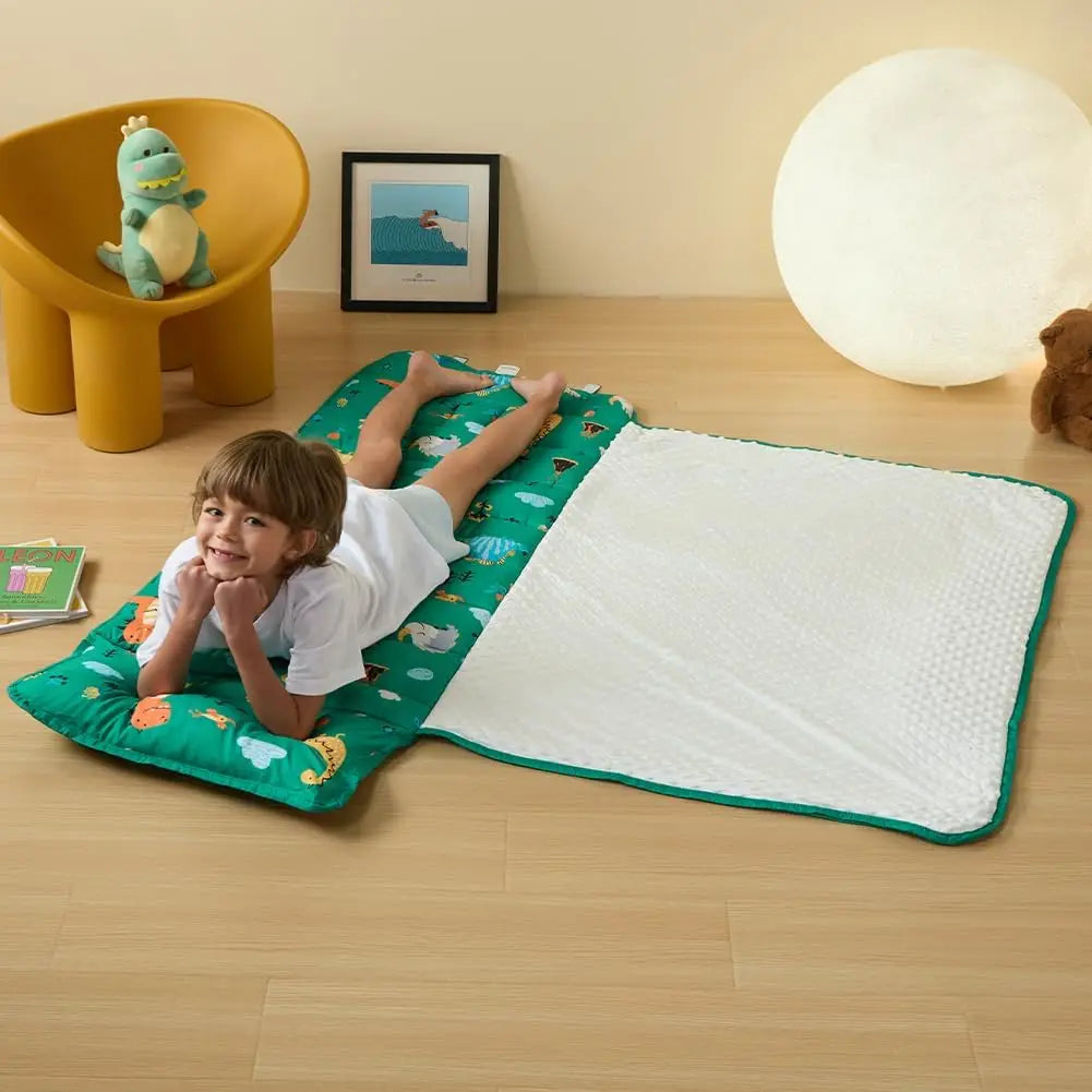 Toddler Nap Mat, Rollup Sleeping Bag with Removable Pillow & Minky Blanket for Daycare Preschool Travel Camping
