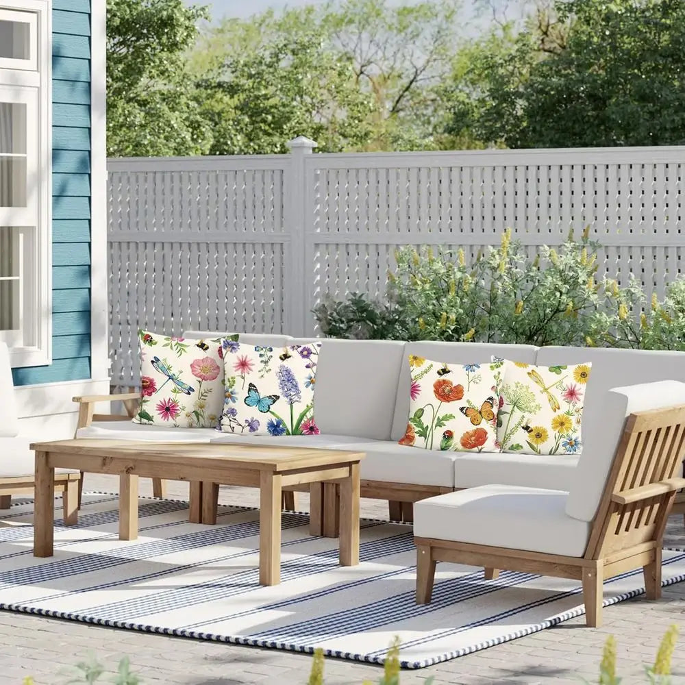 Outdoor Throw Pillow Covers 18x18 Set of 4, Spring Summer Wildflowers Pillow Cases for Patio, Bench, Chair, Swing, Couch, Sofa,