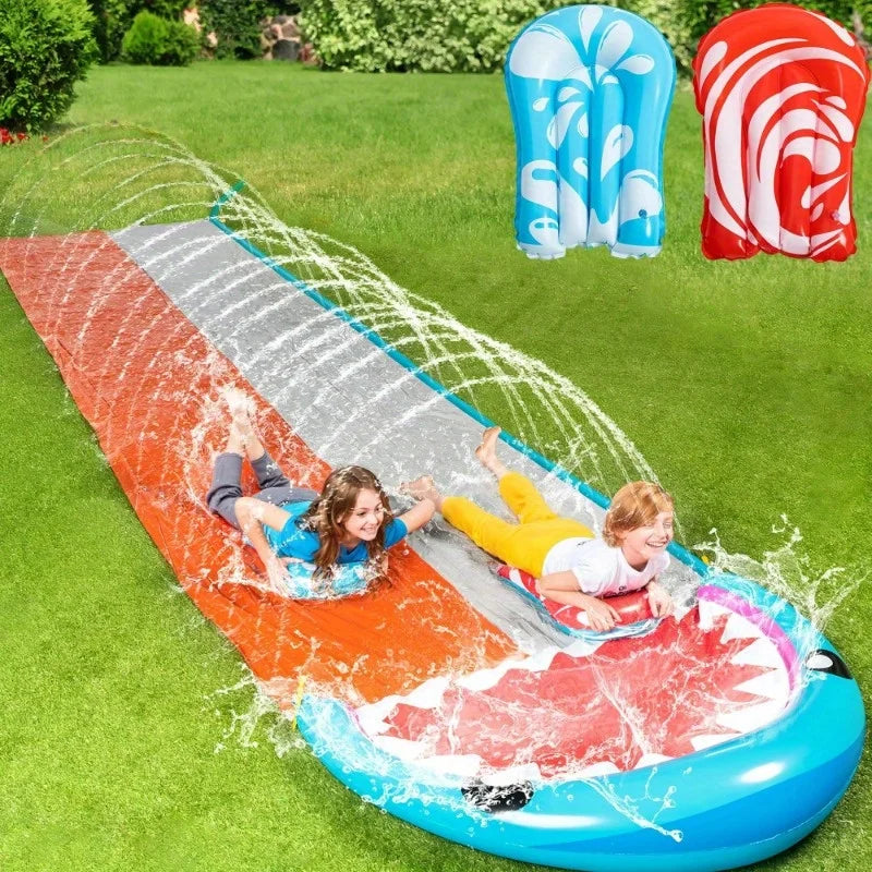 Joyfy Summer Water Slides with 2 Inflatable Boards 22.5ft Double Lane Splash Slip Lawn Water Slide Toy for Kids Adults Party