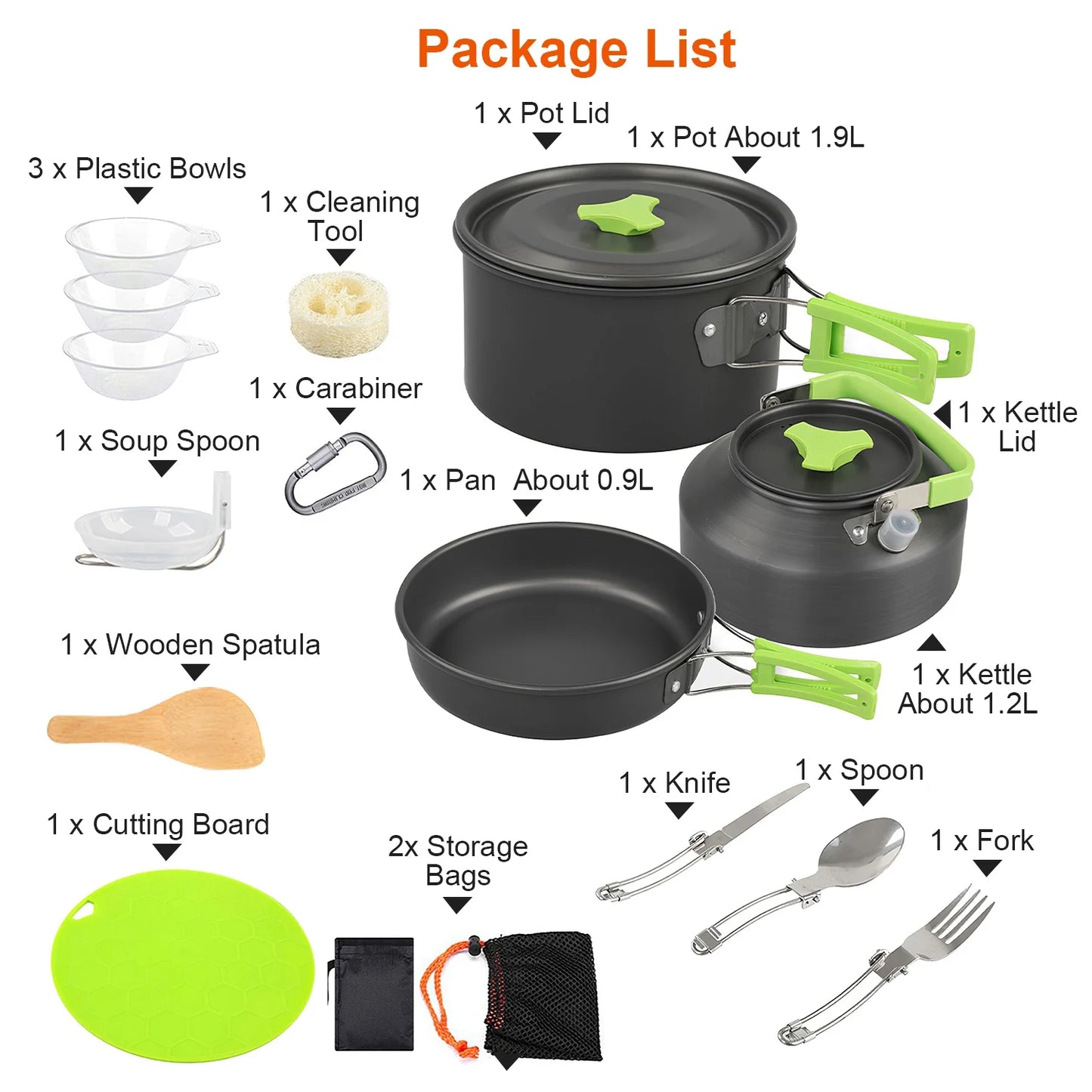 16Pcs Complete Camping Cookware Mess Kit, Lightweight Hard Anodized Aluminum Outdoor Cooking Set with Pot, Pan, Kettle, Foldable Spoon Fork Knife Soup Spoon, 3 Plastic Bowls, Wooden Spatula, Cutting Board, Cleaning Tool, Cara