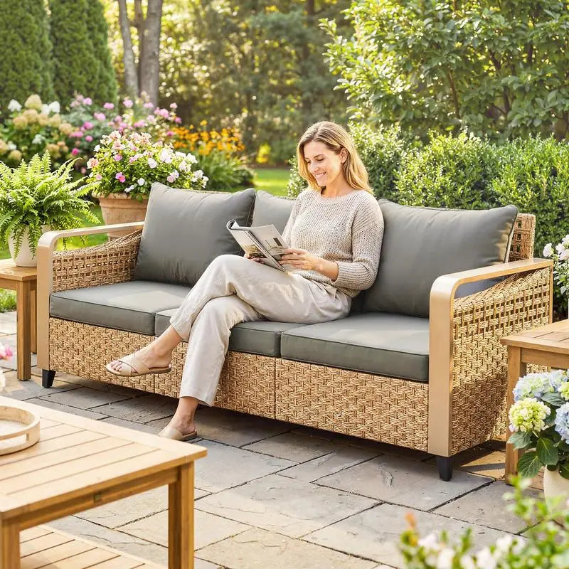 Rattan Wicker Sofa Three Seater Outdoor Patio Sofa With Cushions