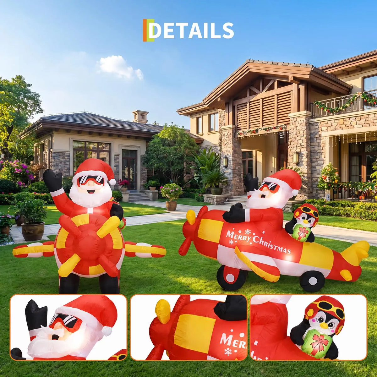 Himmiss Christmas Inflatable Santa Airplane With Penguin Outdoor Decor