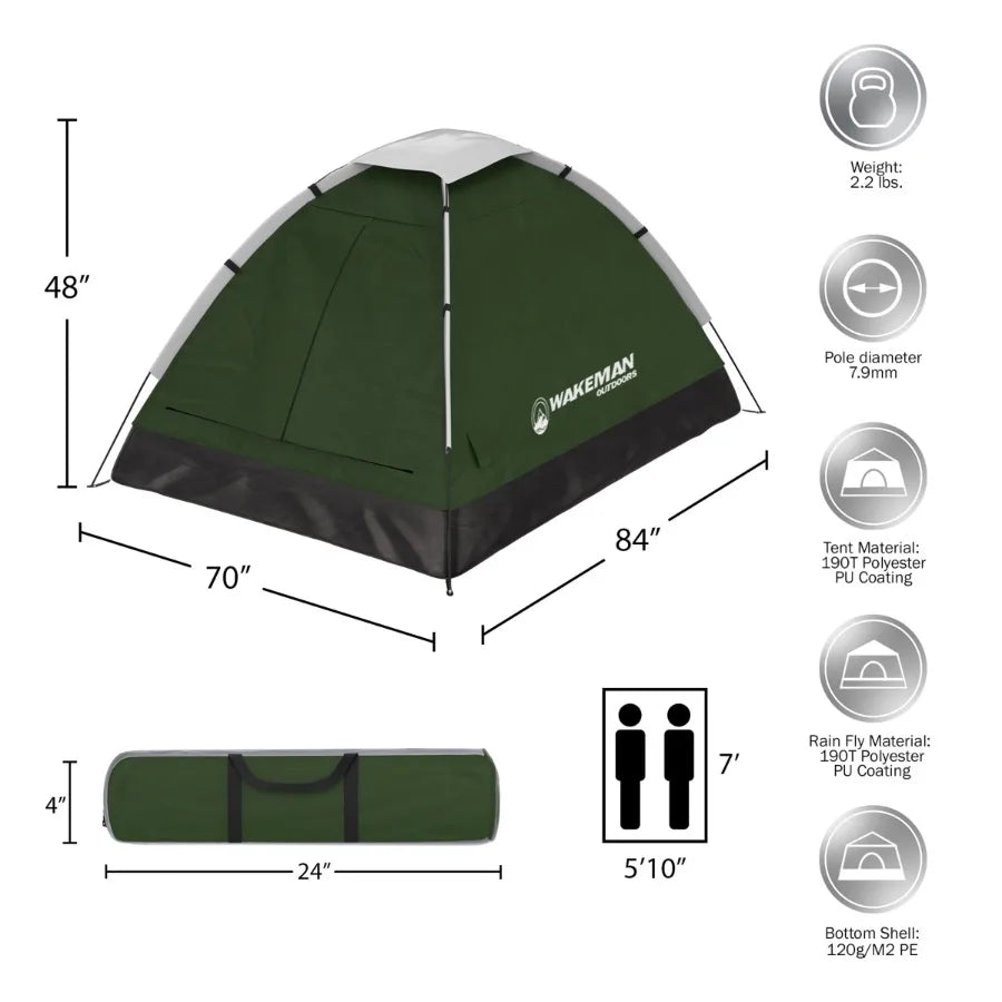 Outdoors 2 Person Camping Tent with Rain Fly and Carry Bag for Camp Festivals or Beach Green