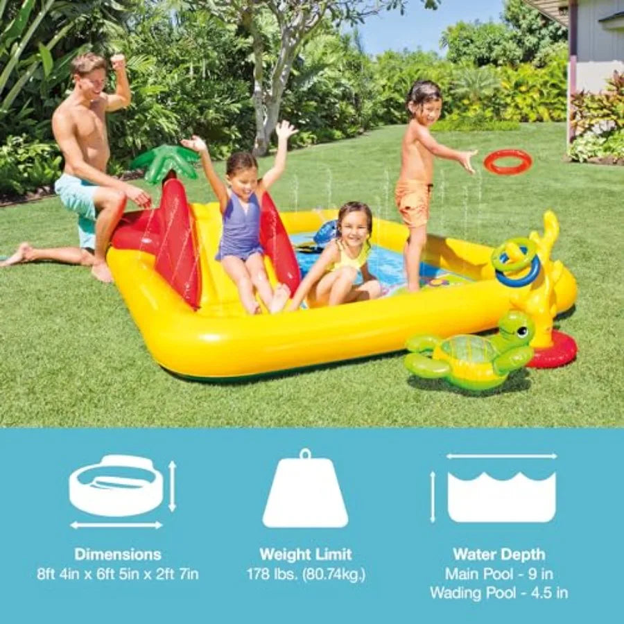 Dinoland Backyard Iatable Toddler Pool and Ocean Iatable Pool Play Center with Iatable Pool Slide and Water Sprayers, Multicolo