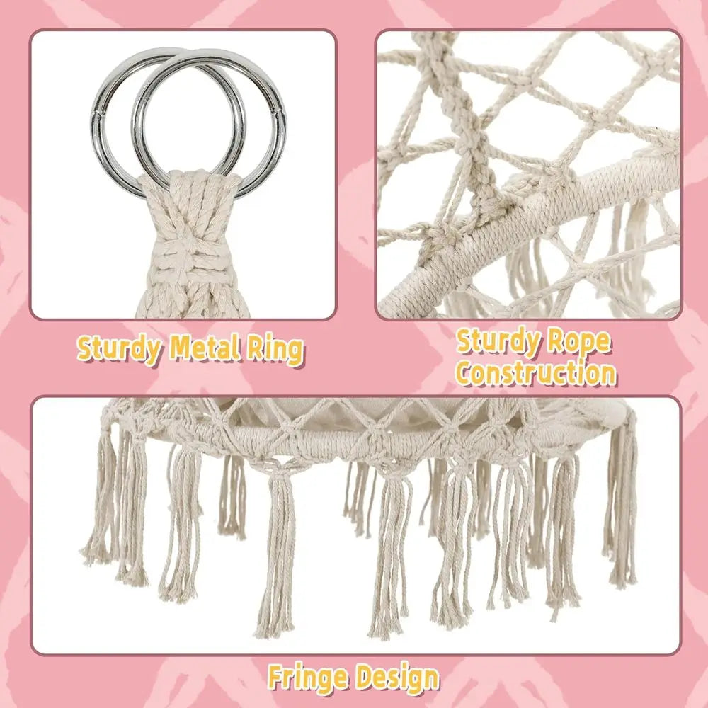 Hammock Chair Swing Chair with Medium Cushion, Hanging Chair for Bedroom, Indoor, Outdoor, Balcony, Porch, Beige