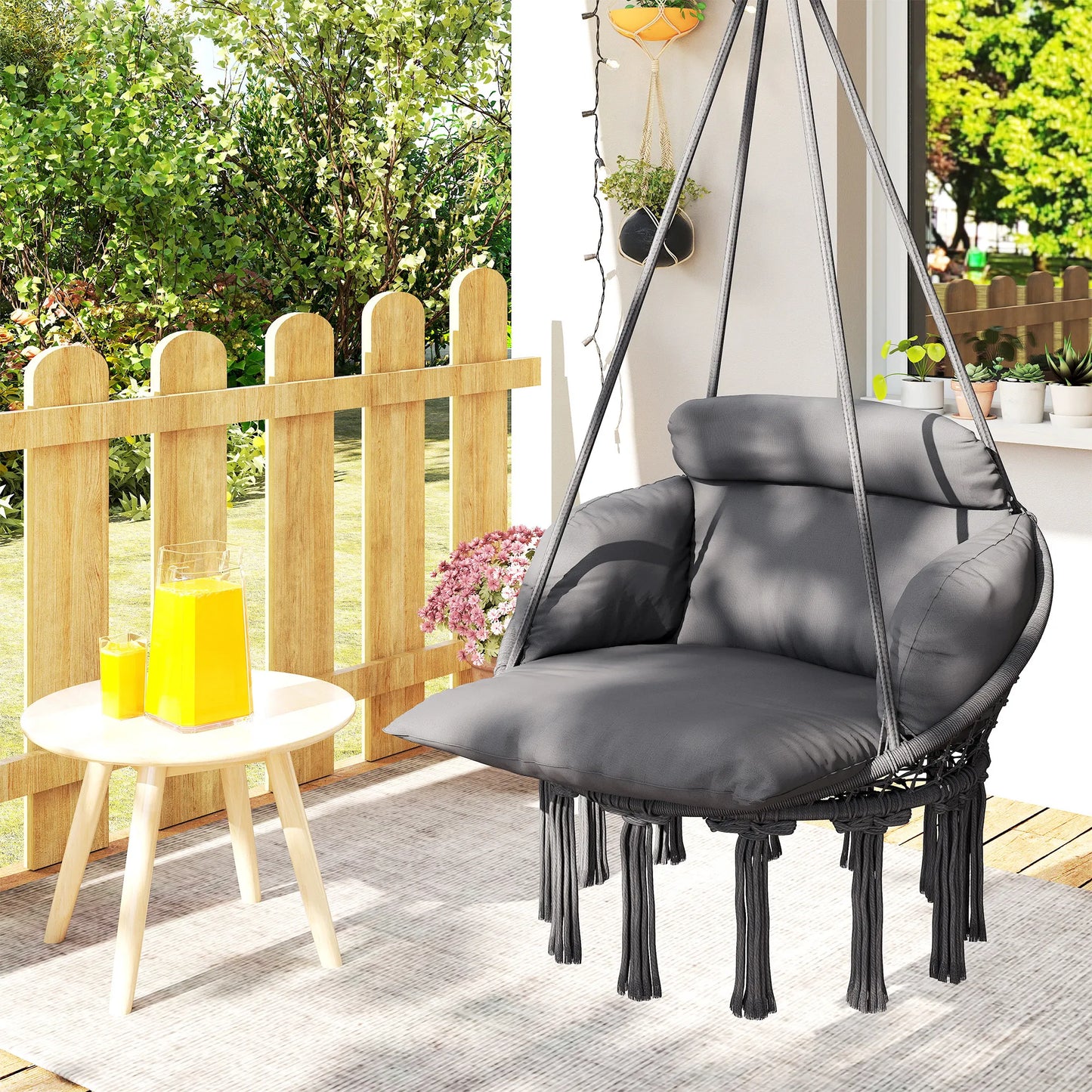 Hanging Hammock Chair with Cushion, Macrame Swing Chair, Dark Gray