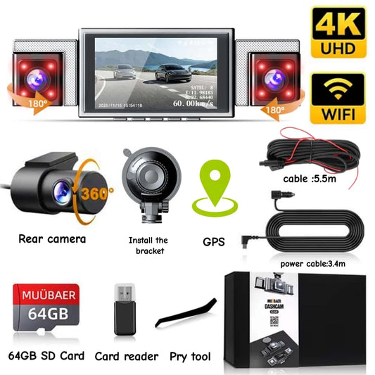MUÜBAER 4K 360 Degree Dash Cam With 5.8GHz WiFi GPS IPS Screen