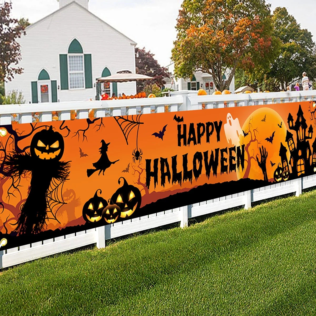 Halloween Outdoor Banner With Pumpkin And Bat Party Backdrop