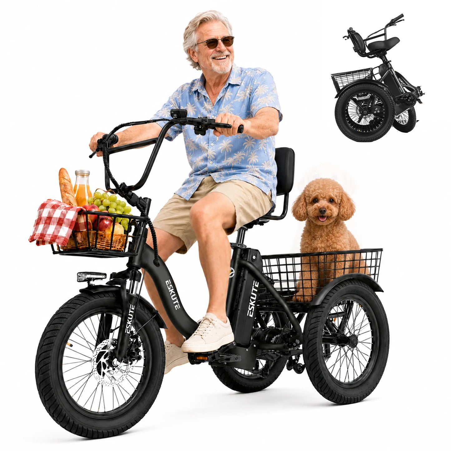 ESKUTE T300 E Trike Electric Bike, Peak 1200W Brushless Motor Folding Trike 18X3.0 Fat Tire Ebike, 624Wh Removable Battery, Step-Thru 3 Wheel Electric Bicycle, Up to 65 Miles, 18MPH+ Tricycle for Adults
