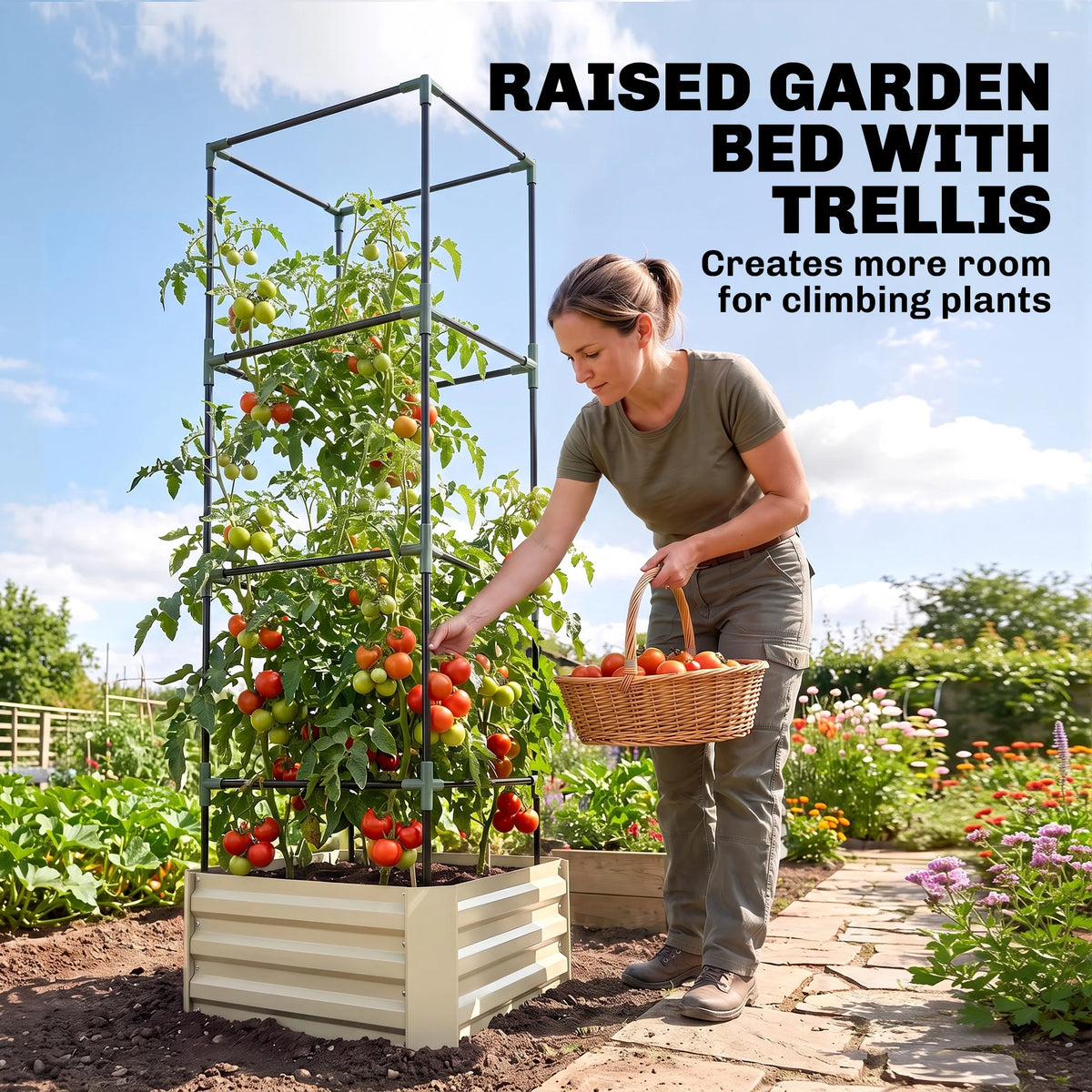 Galvanized Raised Garden Bed with Tomato Cage, Open Bottom, Cream