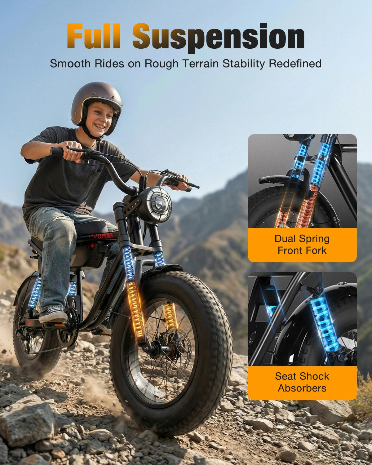 Hopepeak D10 Electric Bike, 16" Fat Tires Electric Mountain Bike, 1200W Peak Motor 48V 10.4Ah, 25 MPH 55Mi Range Off-Road Ebike with Full Suspension