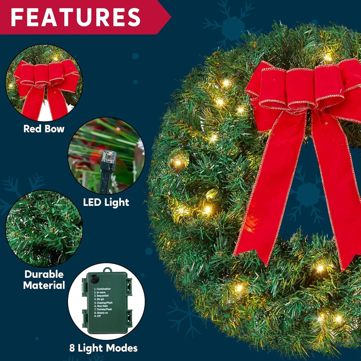 19" Christmas Pre-Lit Wreath with LED Lights with Ribbon 3 Pcs Wreaths for Front Door Windows Living Room and Indoor Outdoor Christmas Decorations Window Door Wreath Battery Operated