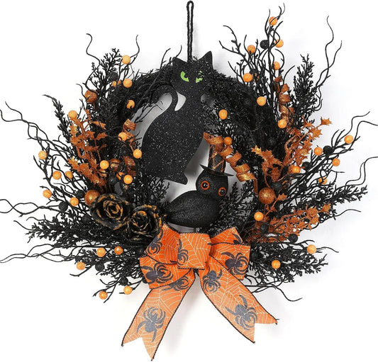 22" Halloween Fall Wreath for Front Door, Black Gothic Wreath with Owl, Black Cat & Artificial Rose, Cute Spooky Door Decor for Indoor Outdoor, Window Wall Hanging