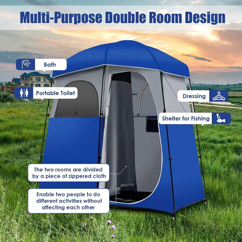 Spacious Double Room Shower Tent with Floor, Portable Privacy Shelter for Camping, Removable Rainfly, Storage Bag and Toilet